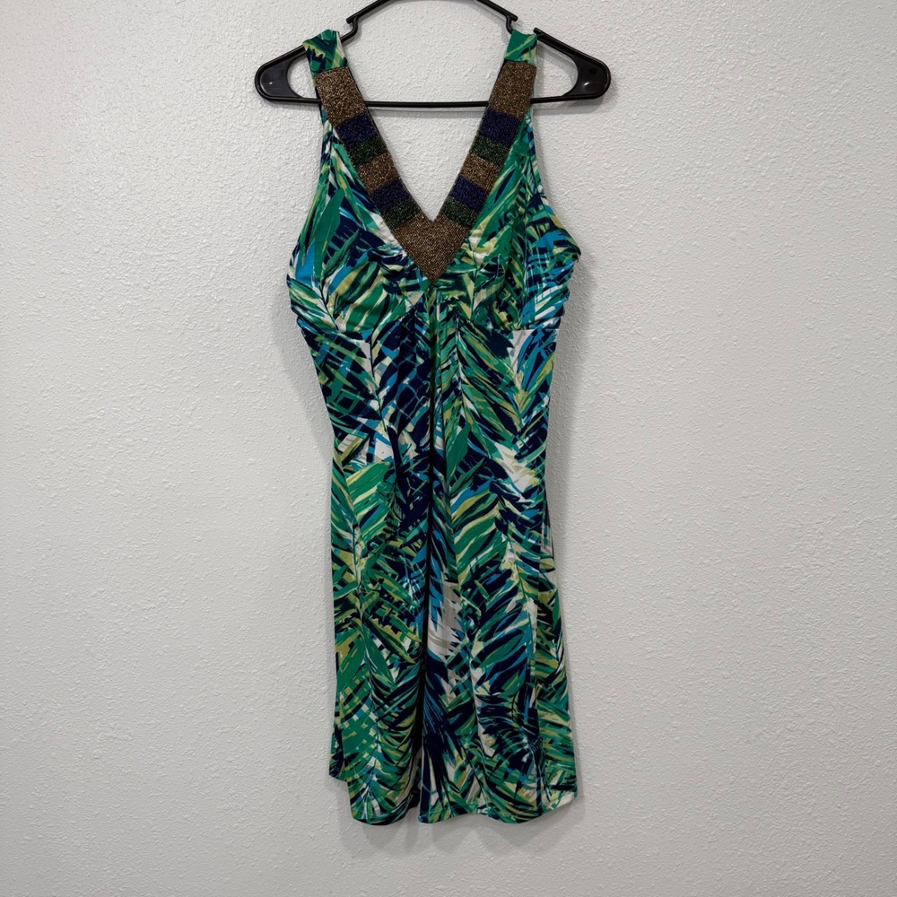 Style Co‎ Petite Tropical Leaf Print Beaded V Neck Sleeveless Dress P